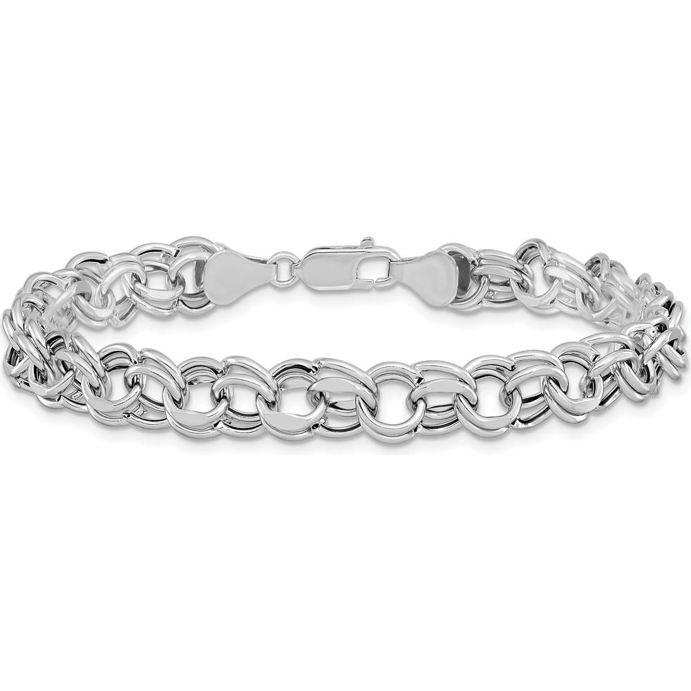 14K White Gold 9mm Hollow Double Link Charm Bracelet with Diamond-Cut Texture - 7.25" Length by Oro Pregiato