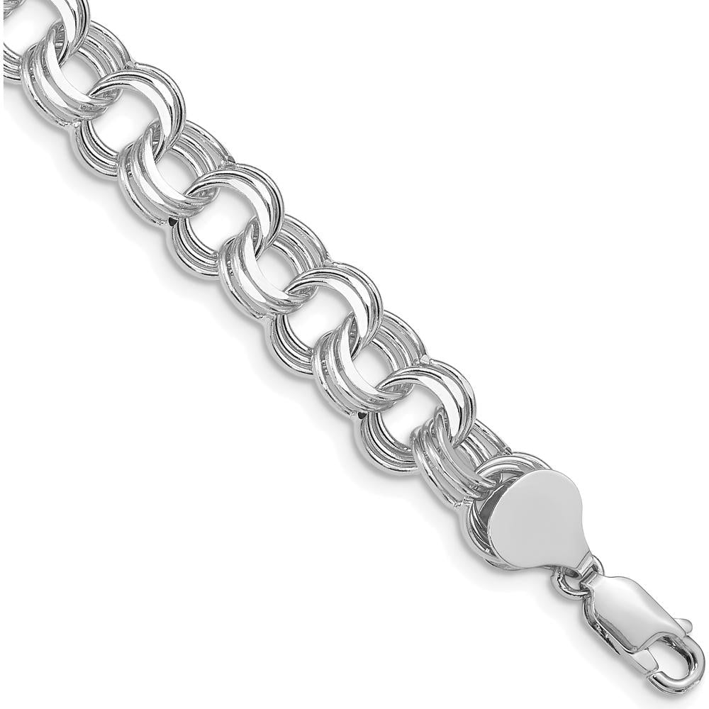 14K White Gold 9mm Solid Triple Link Charm Bracelet with Rhodium Finish by 0