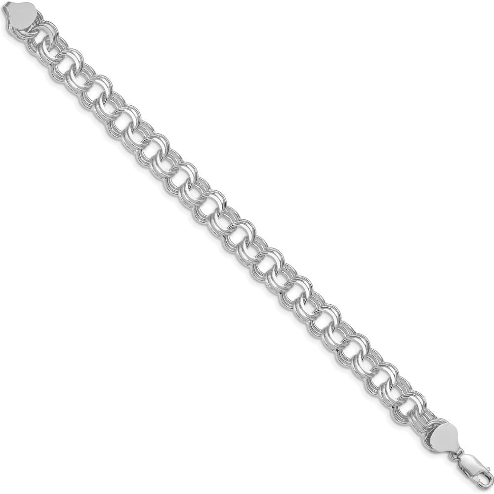 14K White Gold 9mm Solid Triple Link Charm Bracelet with Rhodium Finish by 0