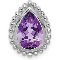 14K White Gold 9x6mm Pear Amethyst Beaded Edge Chain Slide - 1.5 Carat Total Amethyst Weight by Lumare Gioia