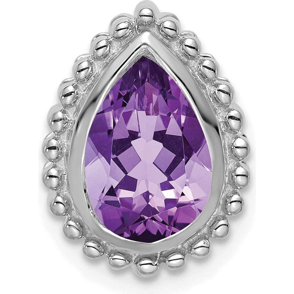 14K White Gold 9x6mm Pear Amethyst Beaded Edge Chain Slide - 1.5 Carat Total Amethyst Weight by Lumare Gioia