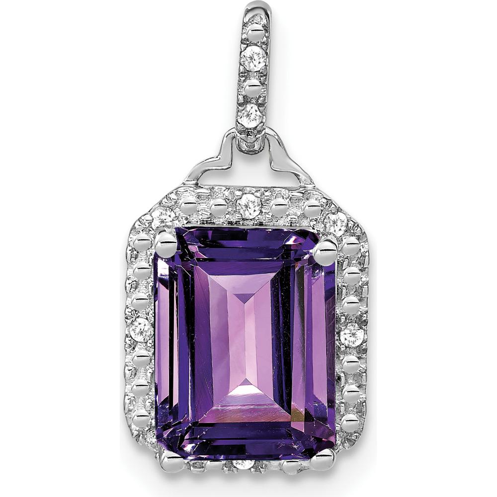 14K White Gold 9x7mm Emerald-Cut Amethyst and Diamond Halo Pendant - 5.07 Carat Amethyst, 0.05 Carat Diamonds by Lumare Gioia