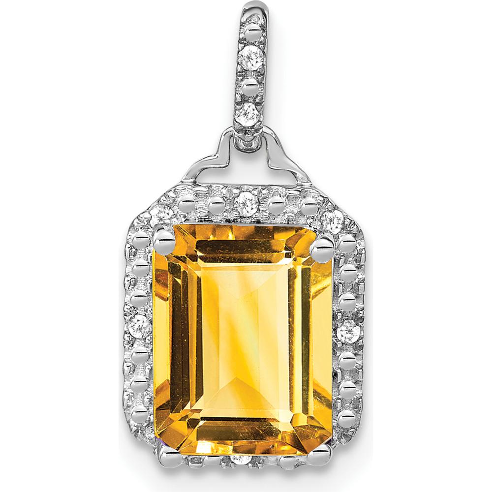 14K White Gold 9x7mm Emerald-Cut Citrine and Diamond Halo Pendant - 5.07 Carat Citrine, 0.05 Carat Total Diamond Weight by Lumare Gioia