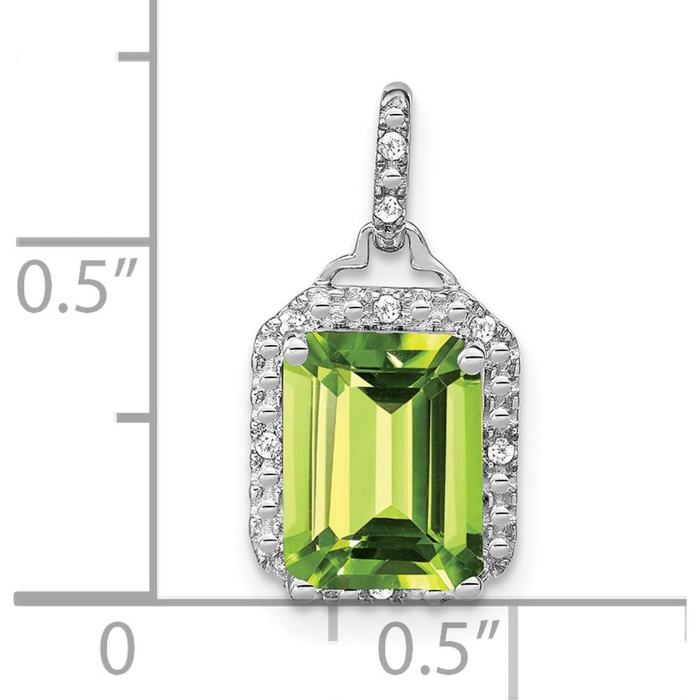 14K White Gold 9x7mm Emerald-Cut Peridot and Diamond Halo Pendant - 5.07 Carat Peridot, 0.05 Carat Total Diamond Weight by Lumare Gioia