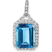 14K White Gold 9x7mm Emerald-Cut Swiss Blue Topaz with Diamond Halo Pendant - 5.07 Carat Total Gem Weight by Lumare Gioia