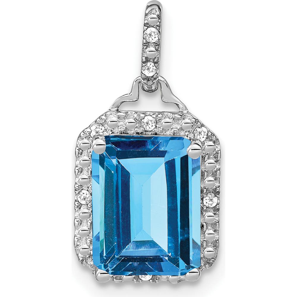 14K White Gold 9x7mm Emerald-Cut Swiss Blue Topaz with Diamond Halo Pendant - 5.07 Carat Total Gem Weight by Lumare Gioia