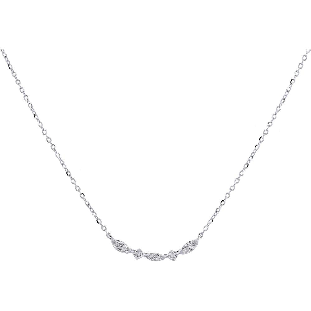 14K White Gold Adjustable Curved Bar Necklace with Milgrain Detail and Diamonds - 0.13 Carats Total Weight