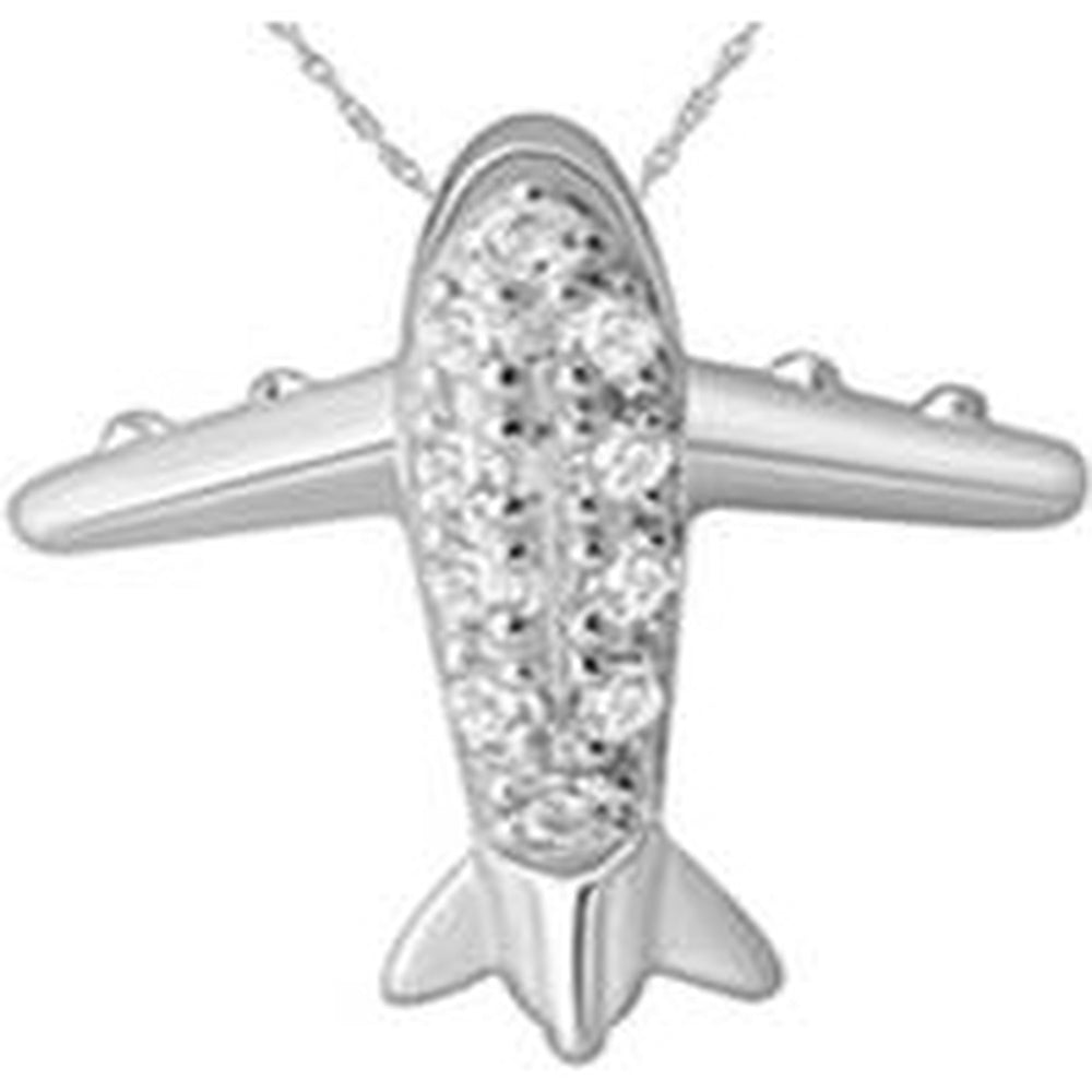 14K White Gold Airplane Pendant Necklace with Channel-Set Round Diamonds - 0.05 Carat Total Diamond Weight - Royal Jewelry