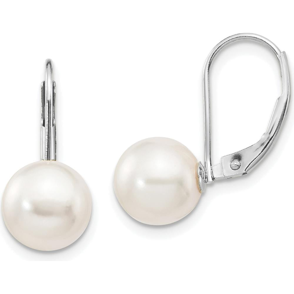 14K White Gold Akoya Cultured Pearl Leverback Earrings - 8-9mm Round Pearls by Monteluci Fine Jewelry