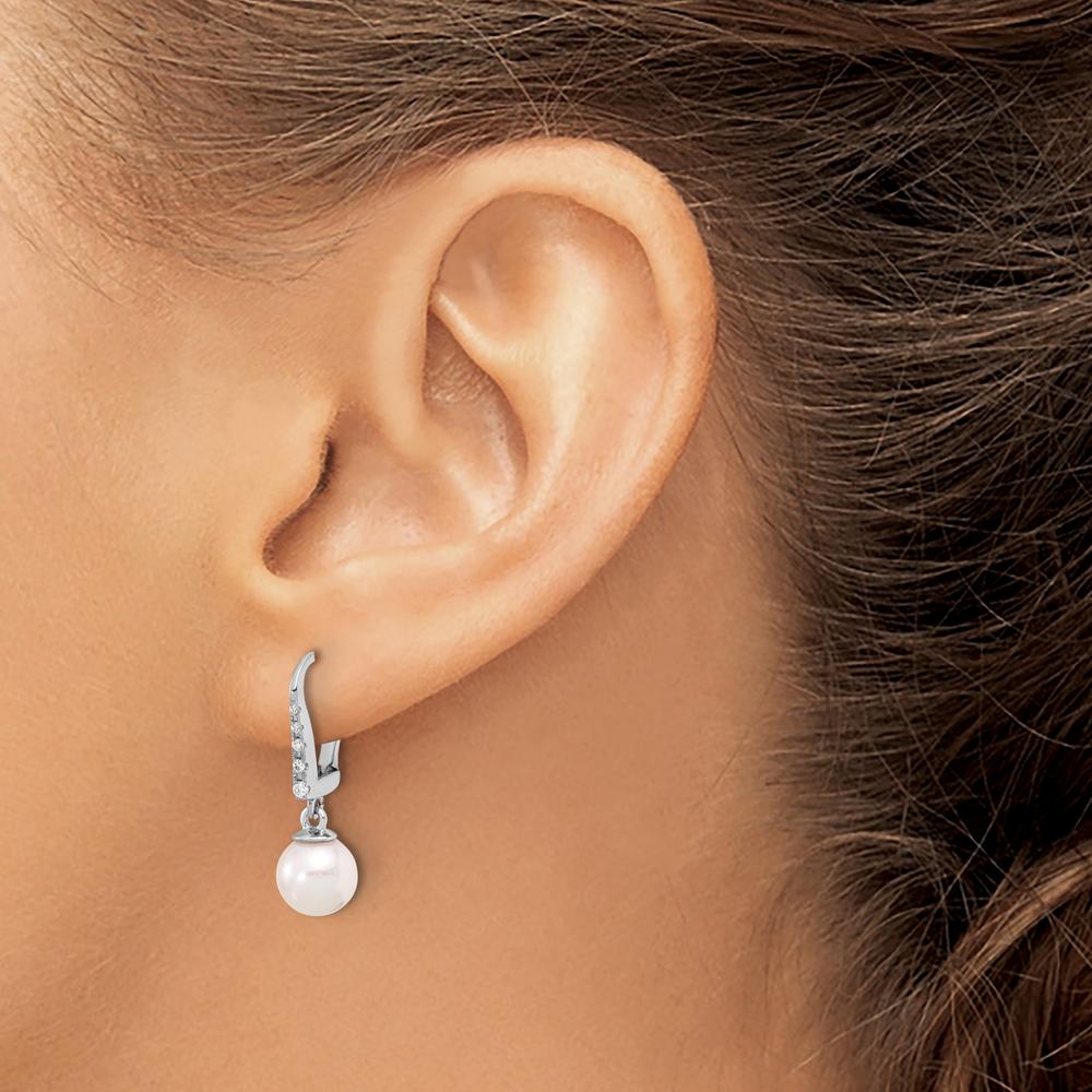 14K White Gold Akoya Pearl and Diamond Dangle Earrings - 0.085 Carat Total Diamond Weight by Monteluci Fine Jewelry