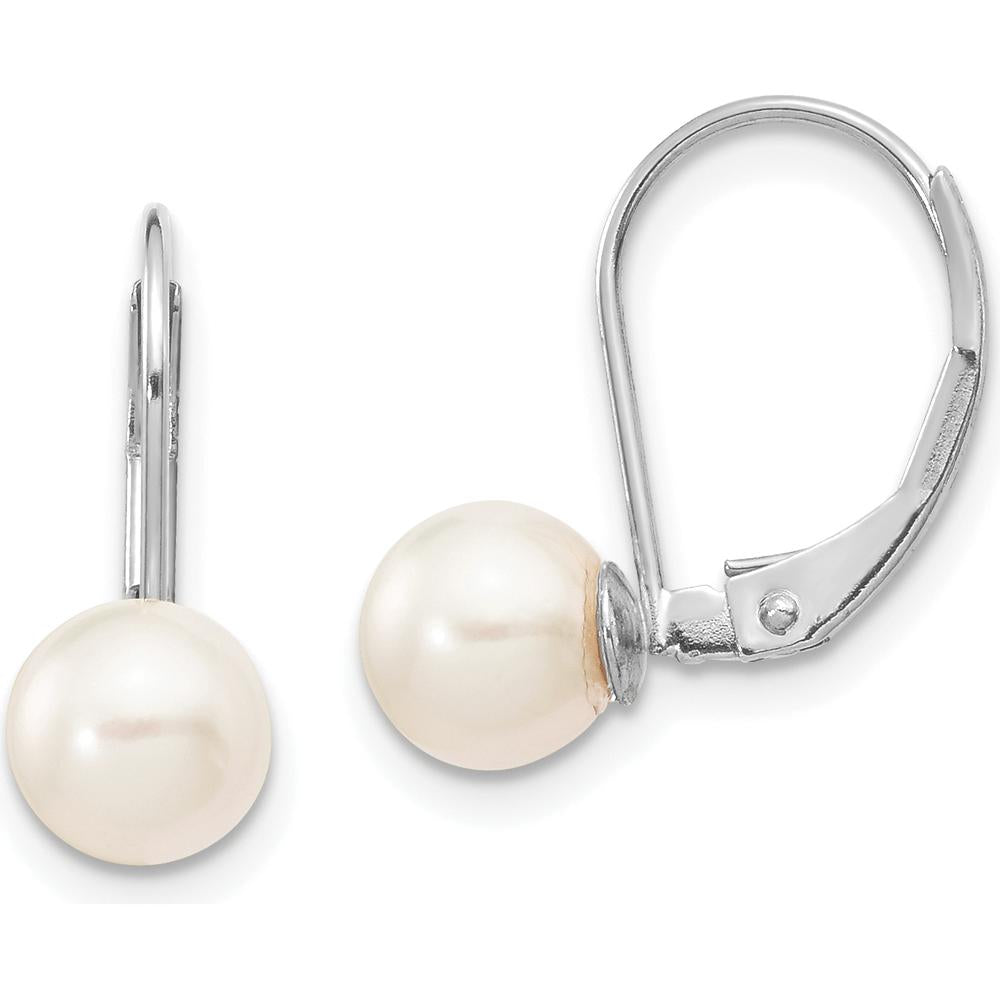 14K White Gold Akoya Pearl Leverback Earrings - 6-7mm Round White Cultured Pearls by Monteluci Fine Jewelry