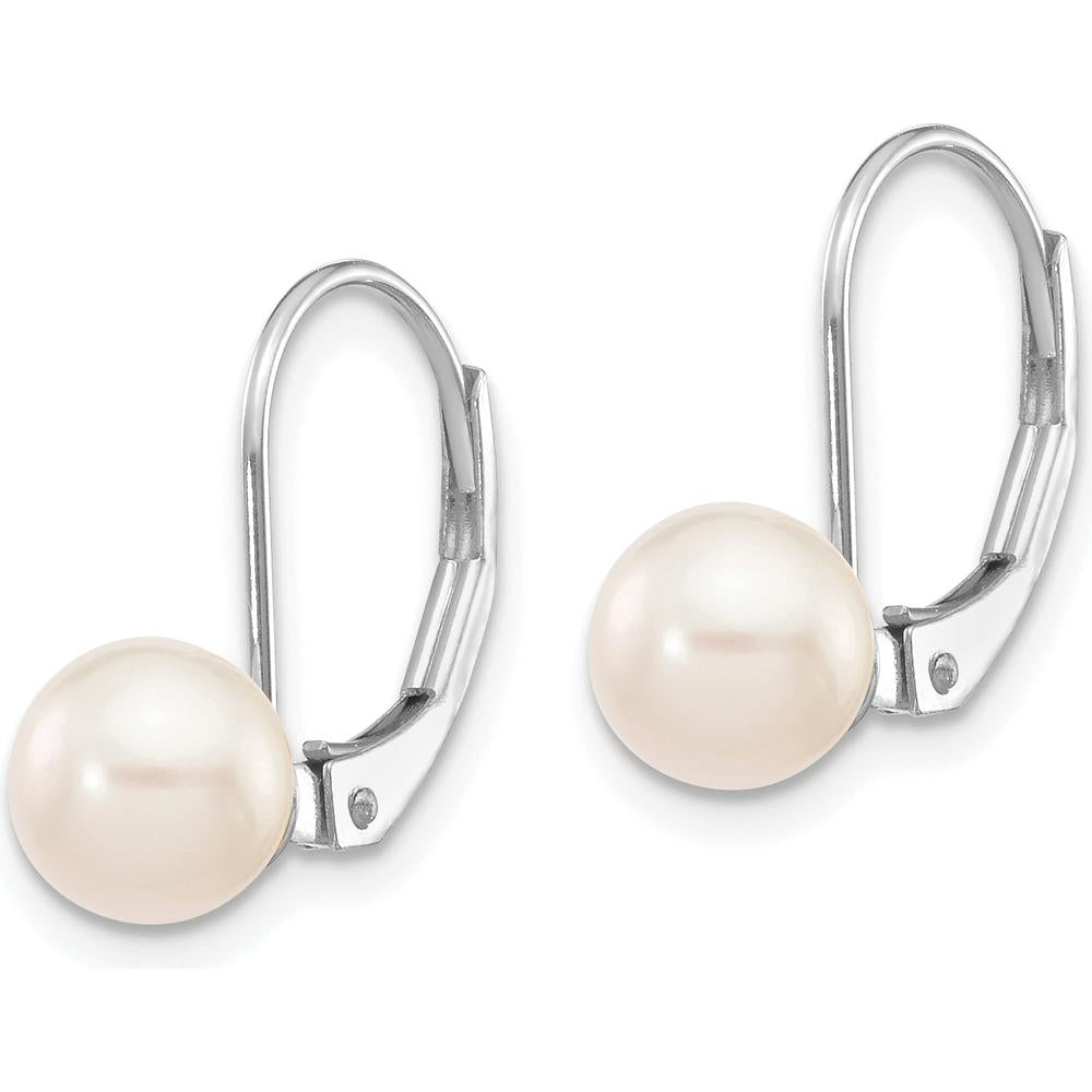 14K White Gold Akoya Pearl Leverback Earrings - 6-7mm Round White Cultured Pearls by Monteluci Fine Jewelry