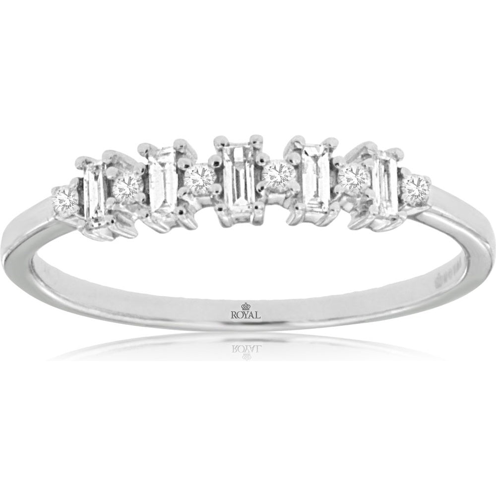 14K White Gold Alternating Baguette and Round Diamond Wedding Band - 0.16 Carat Total Diamond Weight - Royal Jewelry