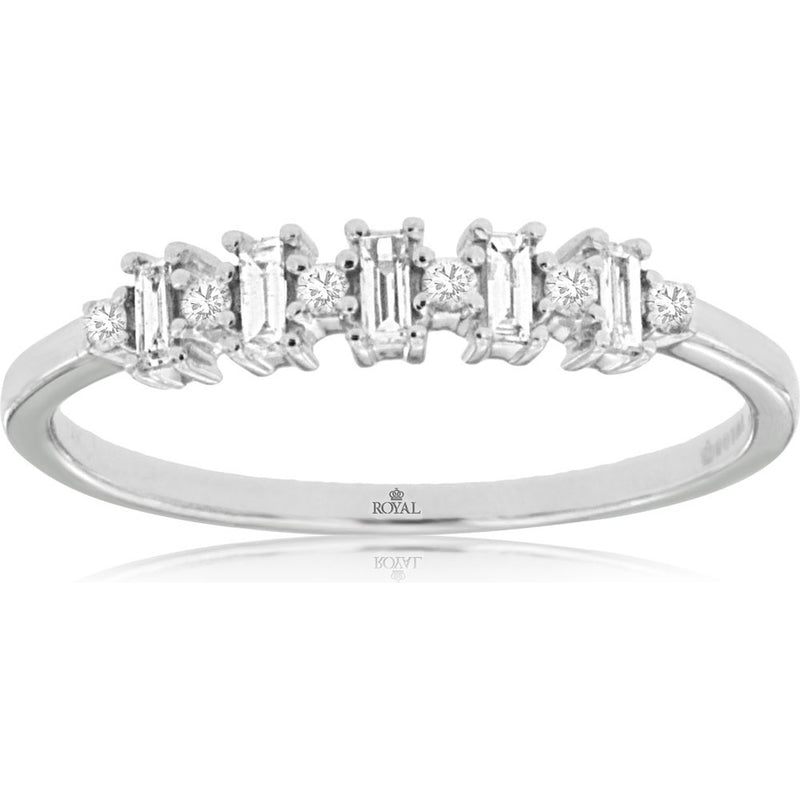 14K White Gold Alternating Baguette and Round Diamond Wedding Band - 0.16 Carat Total Diamond Weight - Royal Jewelry