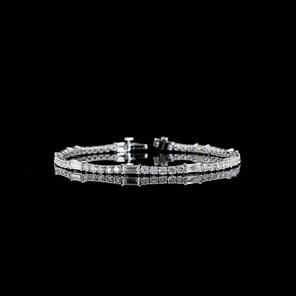 14K White Gold Alternating Baguette and Round Lab Diamond Tennis Bracelet - 5.31 Carat Total Weight, E-F Color, VS Clarity - Covaloro Fine Jewelry