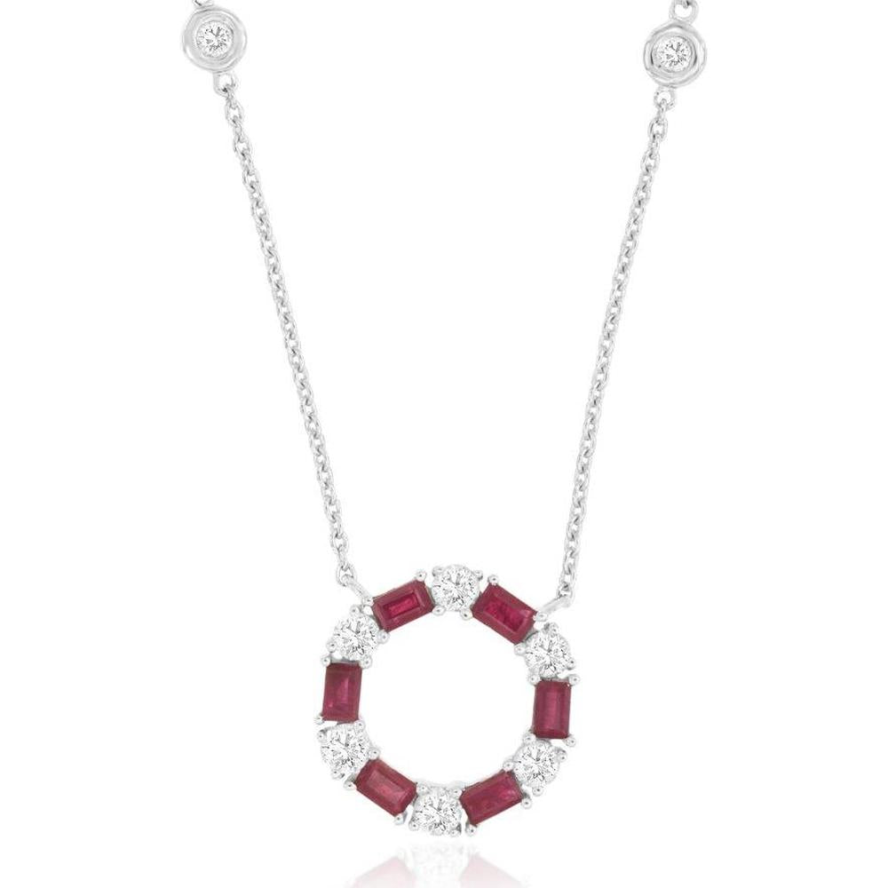 14K White Gold Alternating Baguette Ruby and Round Diamond Circle Pendant Necklace - 0.75 Carat Ruby & 0.45 Carat Diamond Total Weight - Royal Jewelry