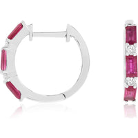 14K White Gold Alternating Baguette Ruby and Round Diamond Huggie Hoop Earrings - 0.80 Carat Total Ruby Weight and 0.10 Carat Total Diamond Weight - Royal Jewelry