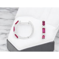 14K White Gold Alternating Baguette Ruby and Round Diamond Huggie Hoop Earrings - 0.80 Carat Total Ruby Weight and 0.10 Carat Total Diamond Weight - Royal Jewelry