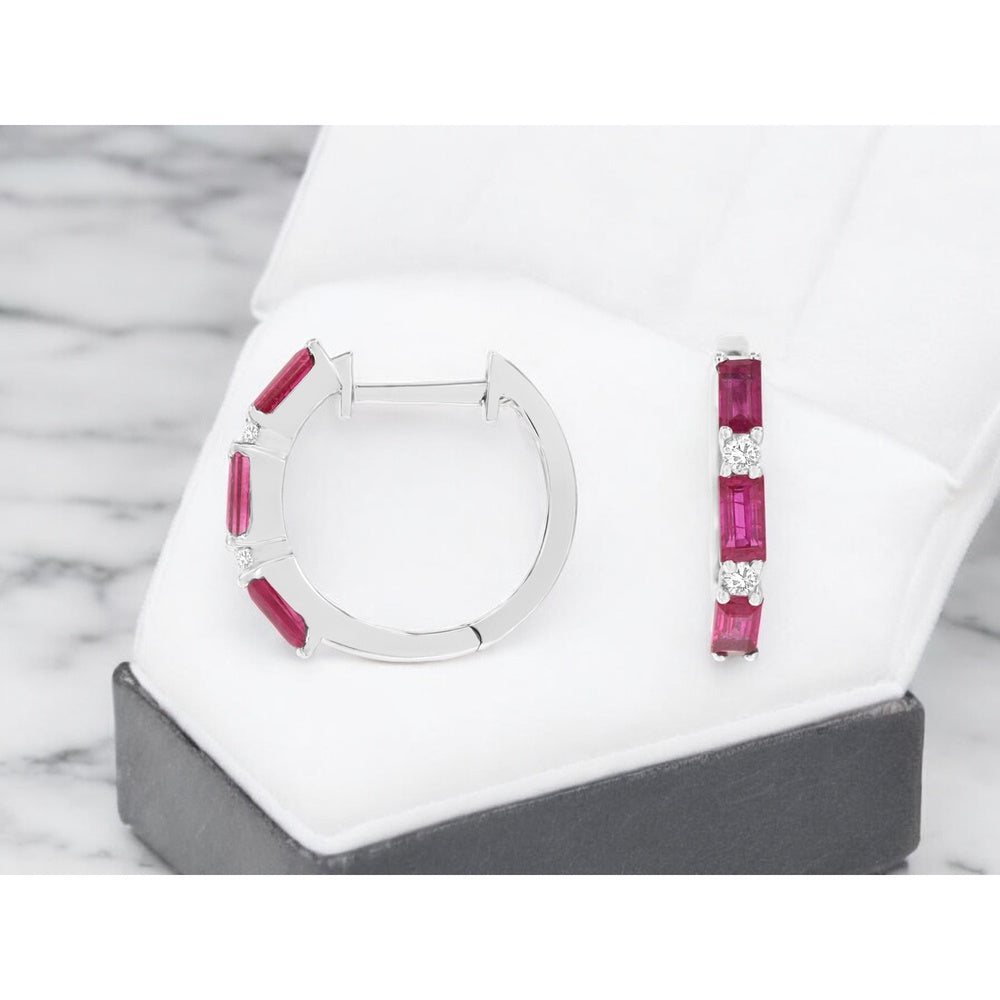 14K White Gold Alternating Baguette Ruby and Round Diamond Huggie Hoop Earrings - 0.80 Carat Total Ruby Weight and 0.10 Carat Total Diamond Weight - Royal Jewelry