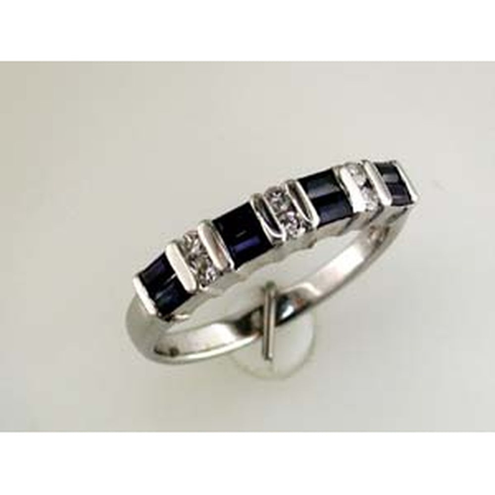 14K White Gold Alternating Baguette Sapphire and Round Diamond Band - 0.63 Carat Total Sapphire Weight and 0.16 Carat Total Diamond Weight - Royal Jewelry