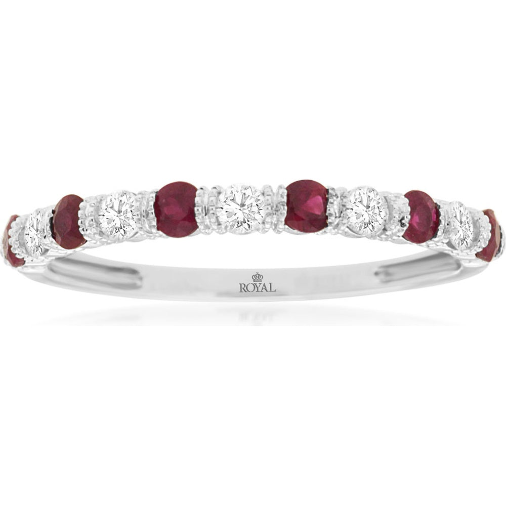 14K White Gold Alternating Band Ring with Round Rubies and Diamonds - 0.28 Carat Ruby and 0.17 Carat Diamond Total Weight - Royal Jewelry