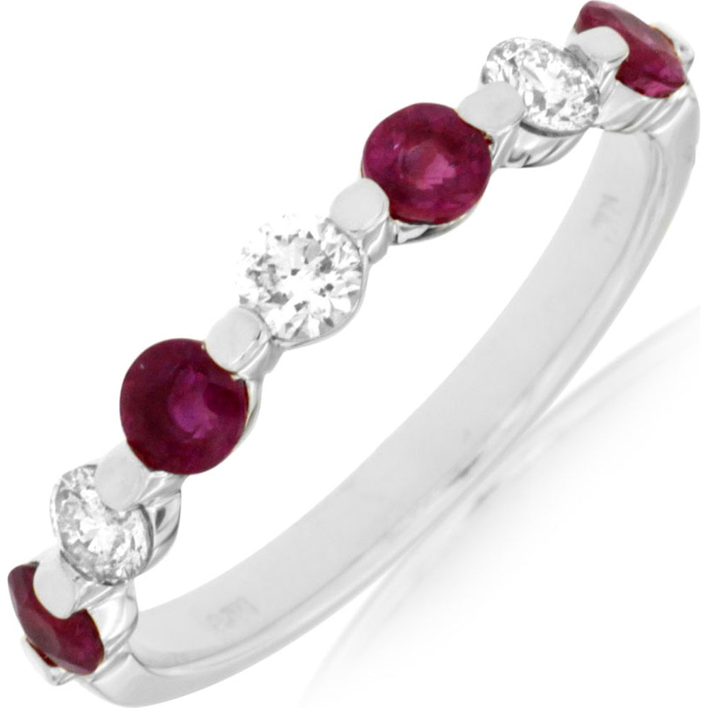 14K White Gold Alternating Bar-Set Band with Round Rubies and Round Diamonds - 0.60 Carat Total Ruby Weight and 0.33 Carat Total Diamond Weight - Royal Jewelry