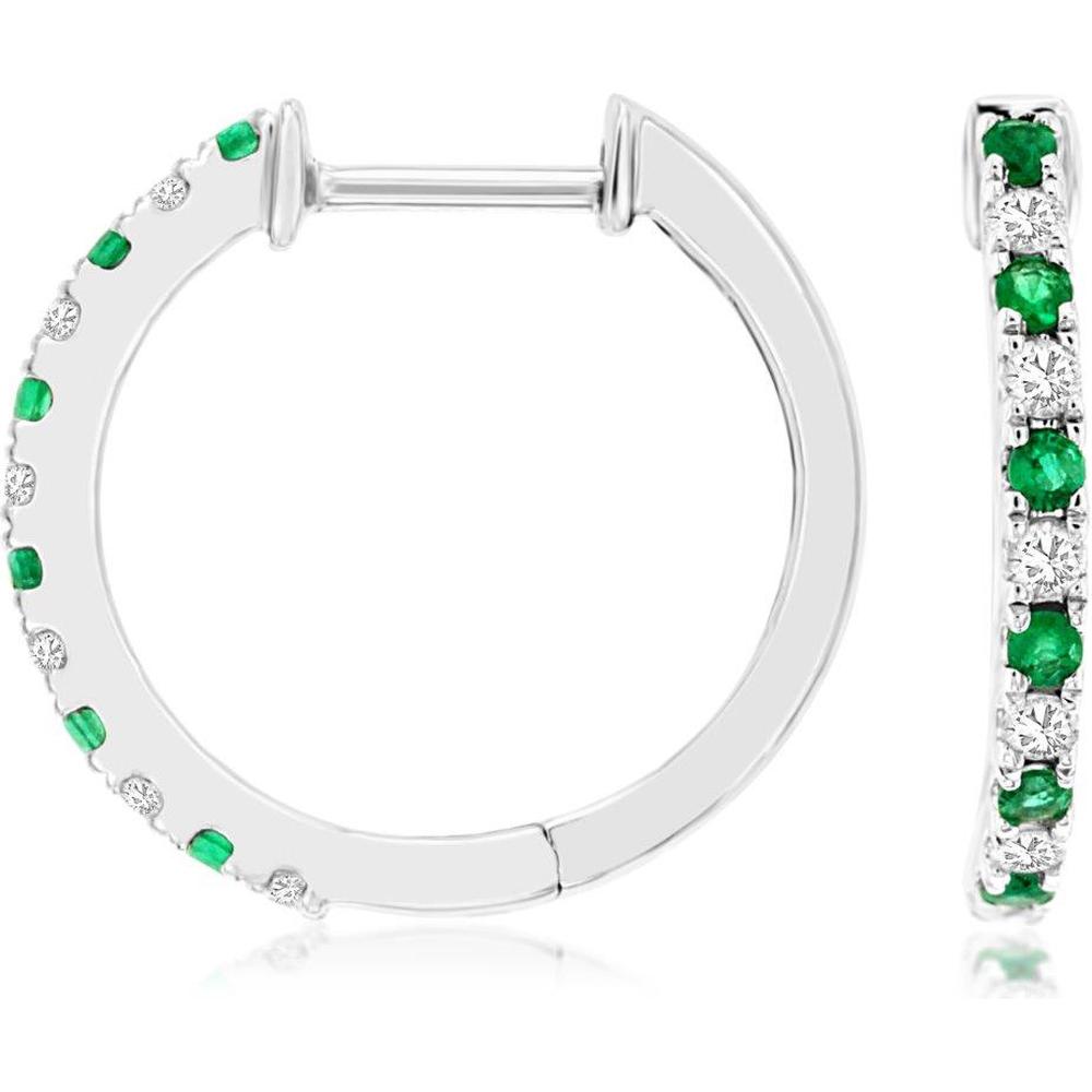 14K White Gold Alternating Emerald and Diamond Huggie Hoop Earrings - 0.15 Carat Total Emerald Weight and 0.12 Carat Total Diamond Weight - Royal Jewelry