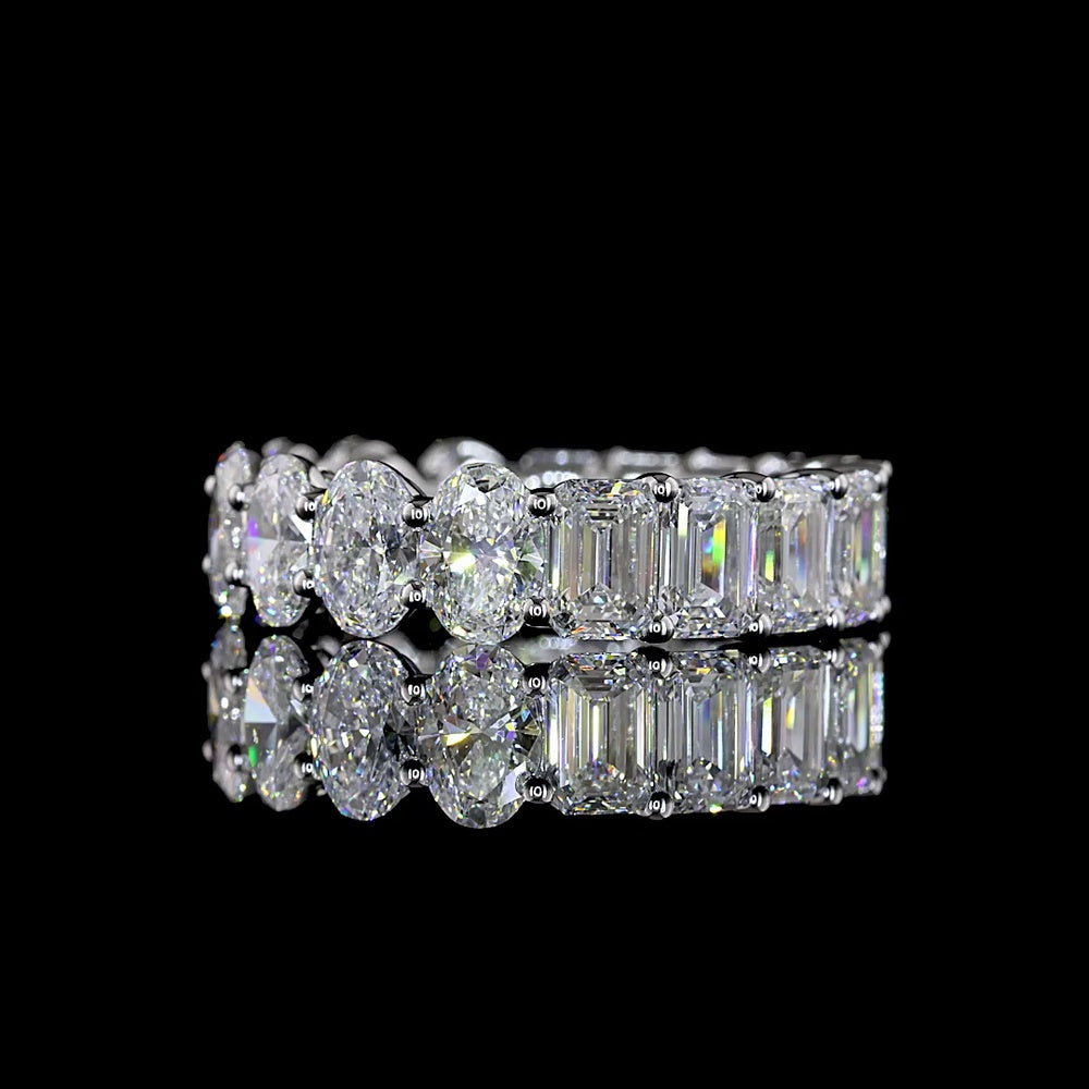 14K White Gold Alternating Emerald and Oval Cut Lab Diamond Eternity Band - 5.70 Carat Total Weight, E-F Color, VS1 Clarity - Covaloro Fine Jewelry