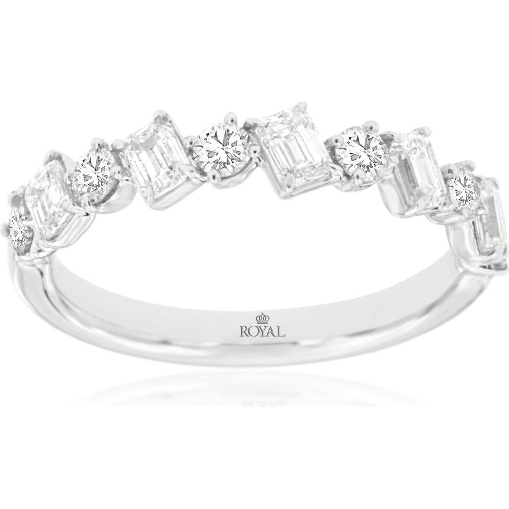 14K White Gold Alternating Emerald and Round Cut Diamond Wedding Band - 1.15 Carat Total Diamond Weight - Royal Jewelry