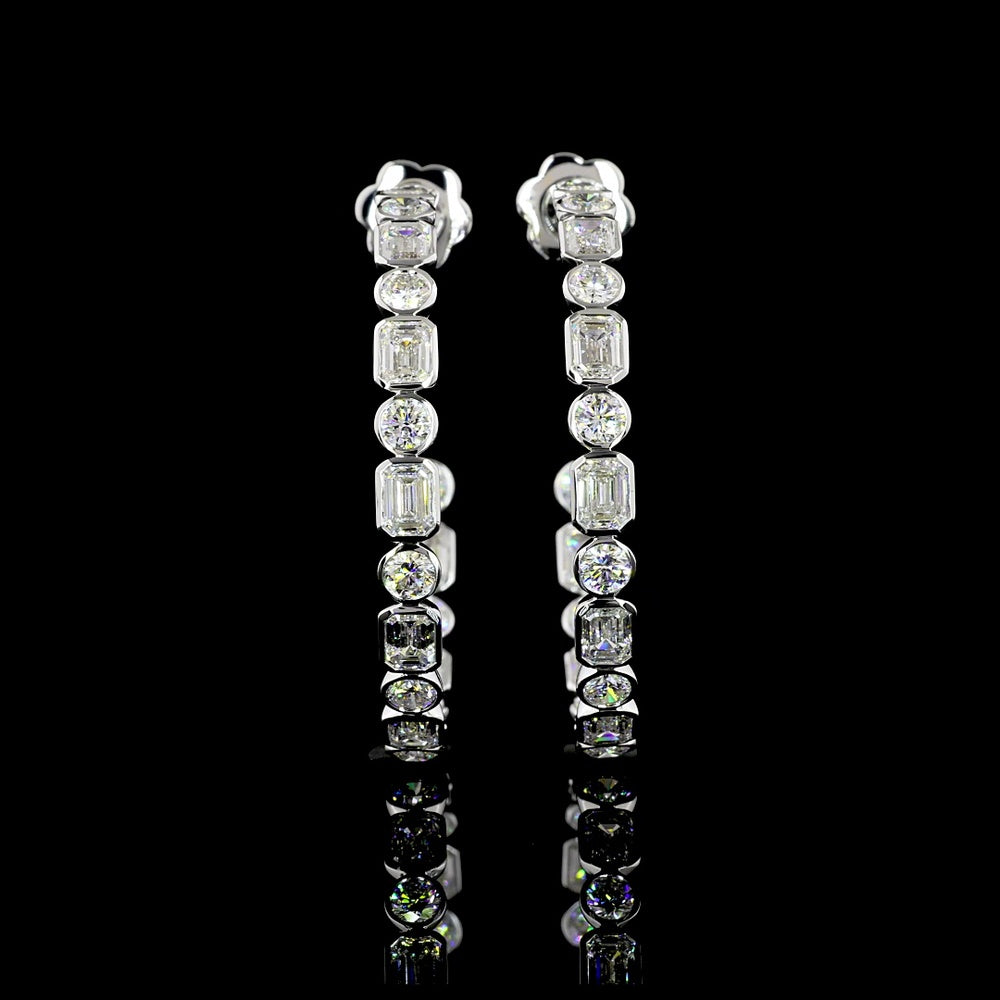 14K White Gold Alternating Emerald Cut and Round C-Hoop Earrings with Bezel Setting - 6.08 Carat Total Weight Lab Diamonds - Covaloro Fine Jewelry
