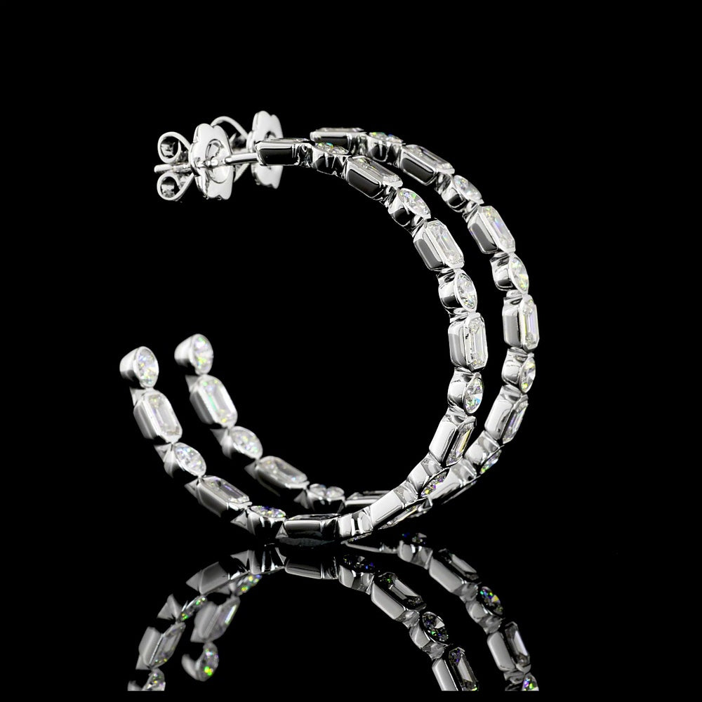 14K White Gold Alternating Emerald Cut and Round C-Hoop Earrings with Bezel Setting - 6.08 Carat Total Weight Lab Diamonds - Covaloro Fine Jewelry