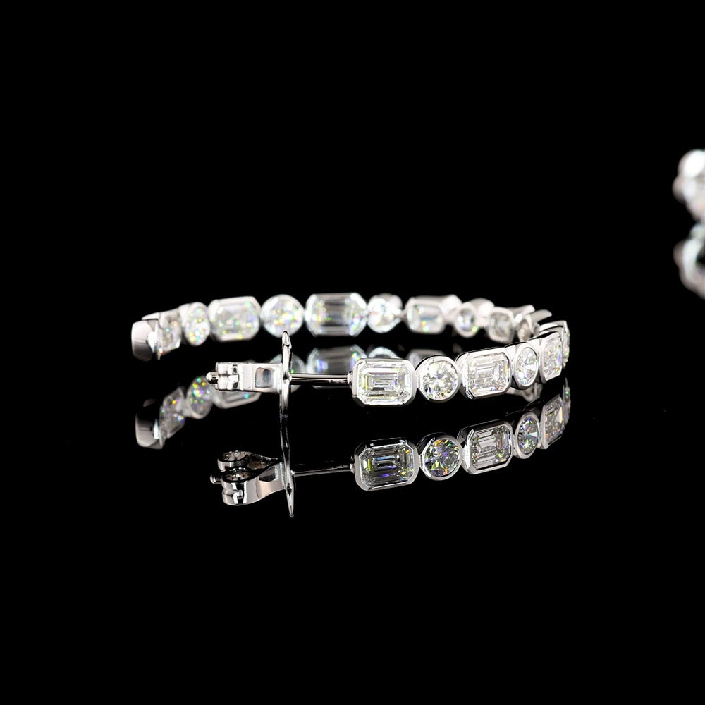 14K White Gold Alternating Emerald Cut and Round C-Hoop Earrings with Bezel Setting - 6.08 Carat Total Weight Lab Diamonds - Covaloro Fine Jewelry