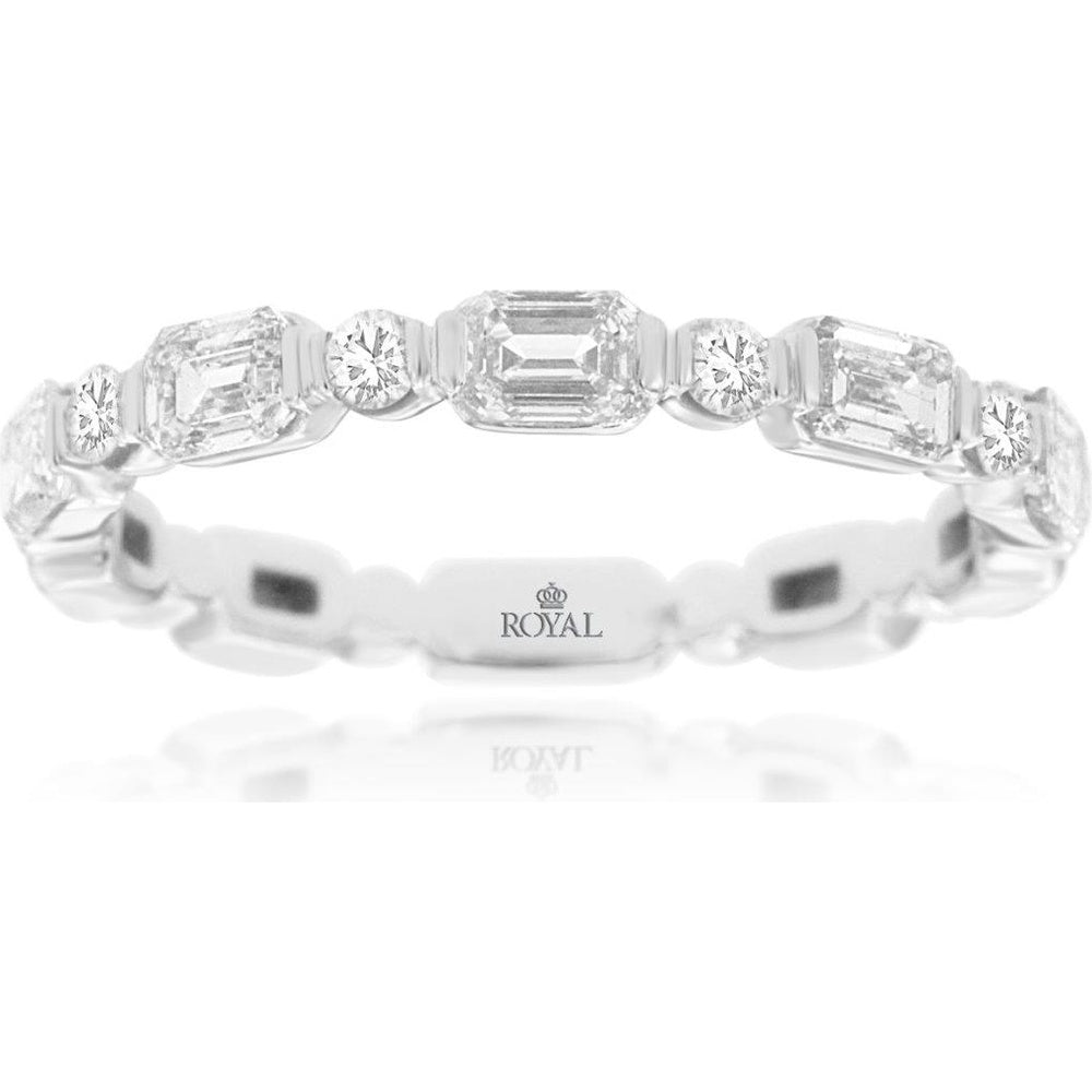 14K White Gold Alternating Emerald Cut and Round Diamond Band - 0.85 Carat Total Diamond Weight - Royal Jewelry