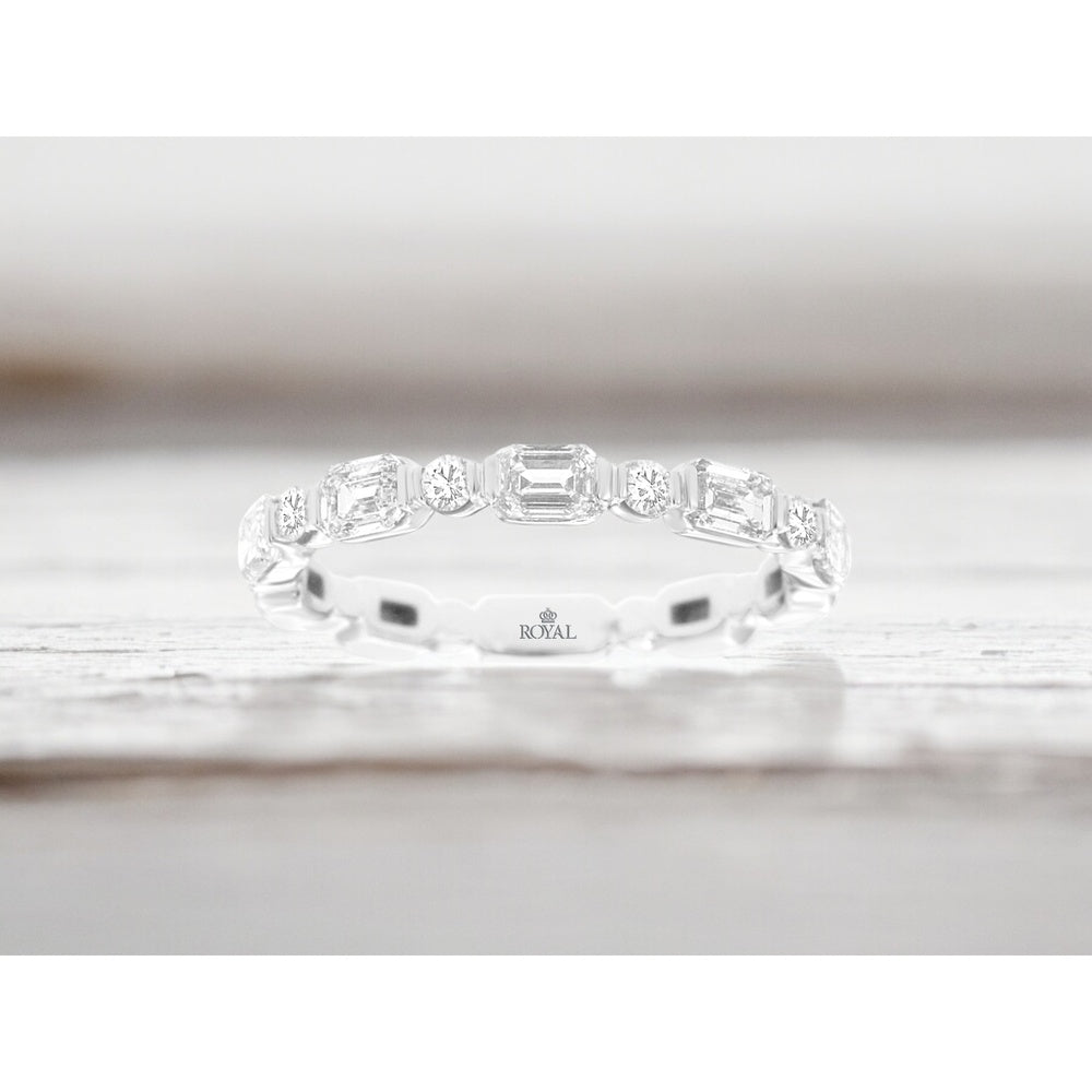 14K White Gold Alternating Emerald Cut and Round Diamond Band - 0.85 Carat Total Diamond Weight - Royal Jewelry