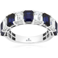 14K White Gold Alternating Emerald-Cut Lab-Grown Sapphire and Diamond Band - 3.50 Carat Total Sapphire Weight and 2.00 Carat Total Diamond Weight - Royal Jewelry
