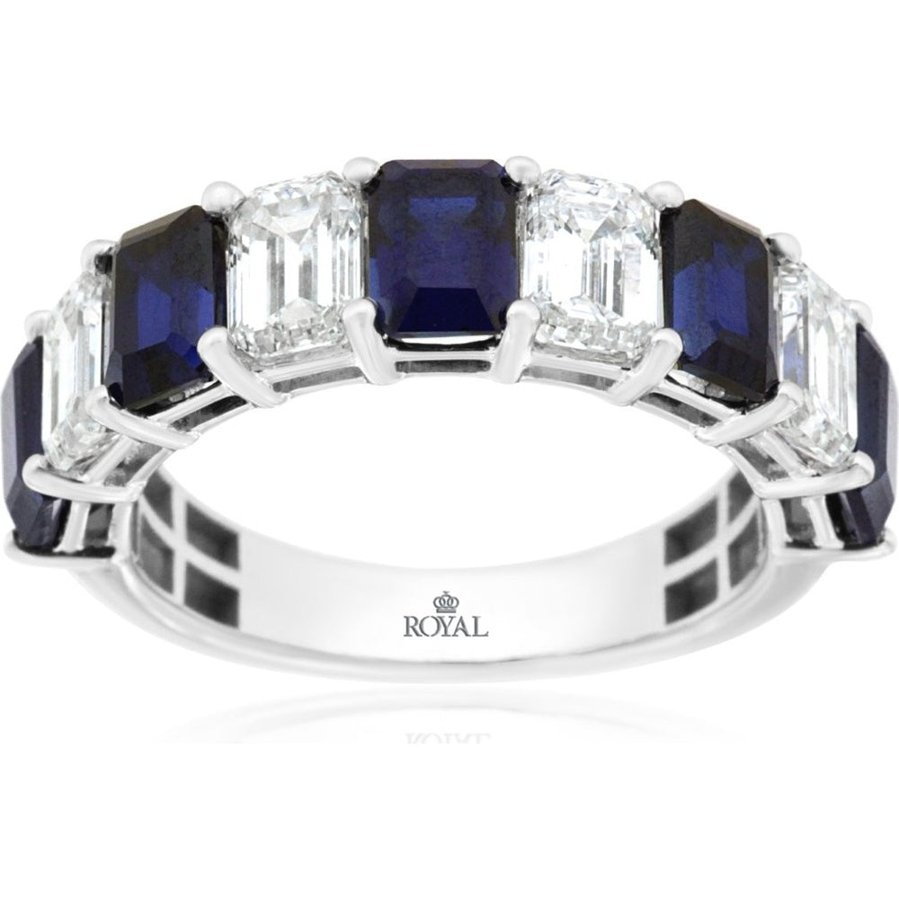 14K White Gold Alternating Emerald-Cut Lab-Grown Sapphire and Diamond Band - 3.50 Carat Total Sapphire Weight and 2.00 Carat Total Diamond Weight - Royal Jewelry
