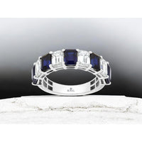14K White Gold Alternating Emerald-Cut Lab-Grown Sapphire and Diamond Band - 3.50 Carat Total Sapphire Weight and 2.00 Carat Total Diamond Weight - Royal Jewelry