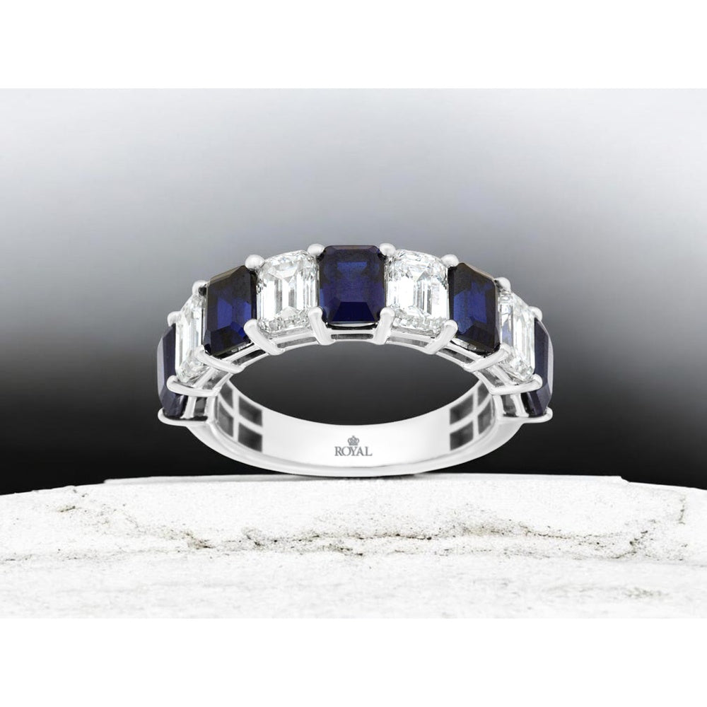 14K White Gold Alternating Emerald-Cut Lab-Grown Sapphire and Diamond Band - 3.50 Carat Total Sapphire Weight and 2.00 Carat Total Diamond Weight - Royal Jewelry