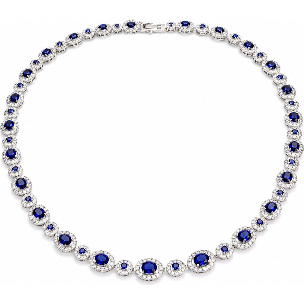 14K White Gold Alternating Halo Link Necklace with Oval Sapphires and Round Diamonds - 7.58 Carat Total Sapphire Weight and 5.37 Carat Total Diamond Weight by Auriventus