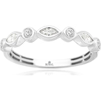 14K White Gold Alternating Marquise and Round Bezel-Set Diamond Band - 0.30 Carat Total Diamond Weight - Royal Jewelry