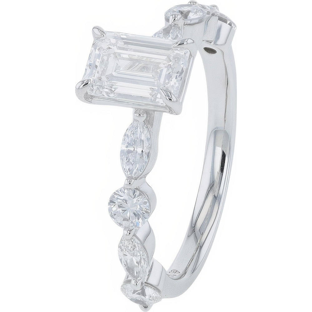 14K White Gold Alternating Marquise and Round Lab Grown Diamond Engagement Ring with 1.00 Carat Emerald Cut Center - 1.75 Carat Total Diamond Weight