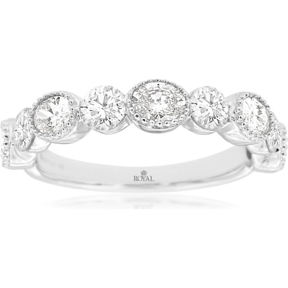 14K White Gold Alternating Milgrain and Prong Set Round Diamond Wedding Band - 1.40 Carat Total Diamond Weight - Royal Jewelry