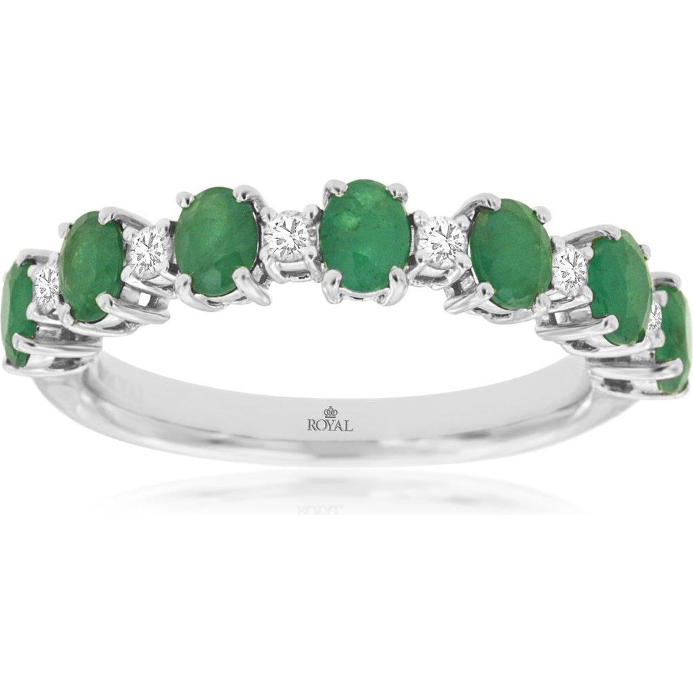 14K White Gold Alternating Oval Emerald and Round Diamond Band Ring - 1.20 Carat Total Emerald Weight and 0.16 Carat Total Diamond Weight - Royal Jewelry