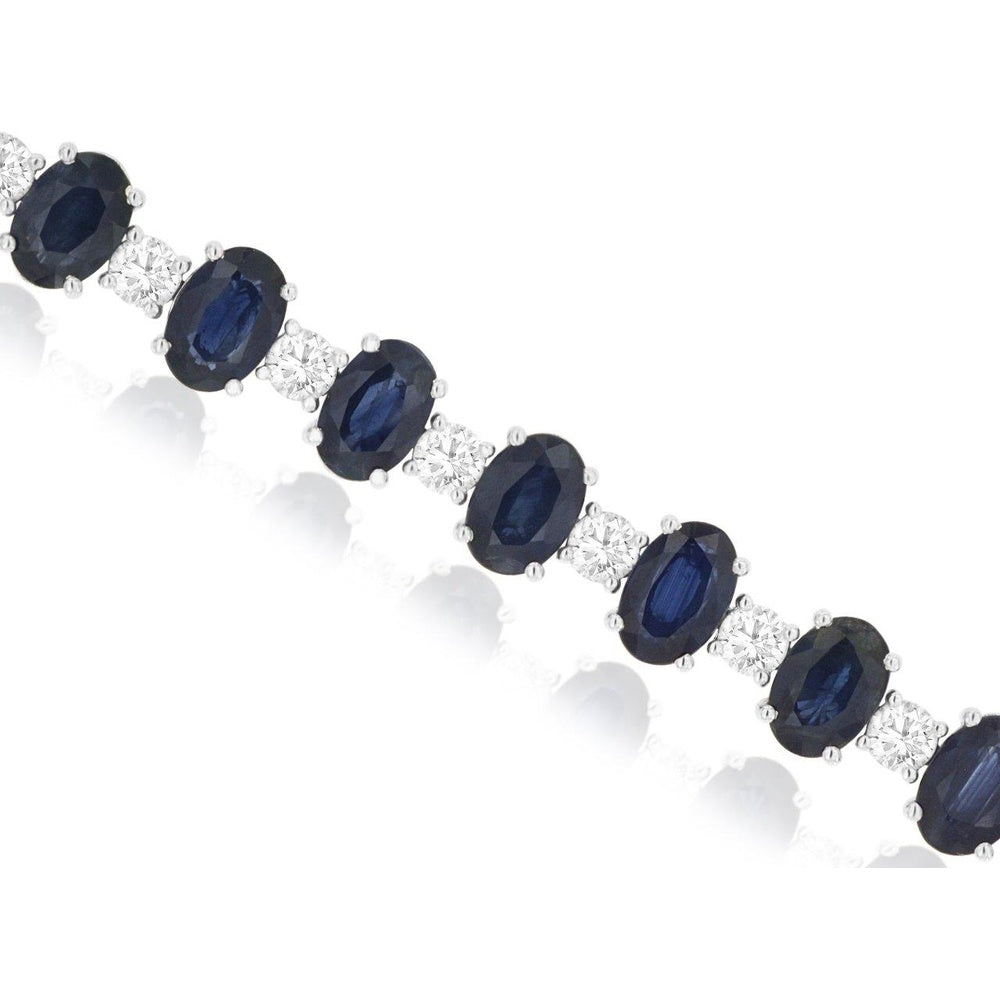 14K White Gold Alternating Oval Sapphire and Round Diamond Tennis Bracelet - 15.00 Carat Total Sapphire Weight and 2.12 Carat Total Diamond Weight - Royal Jewelry