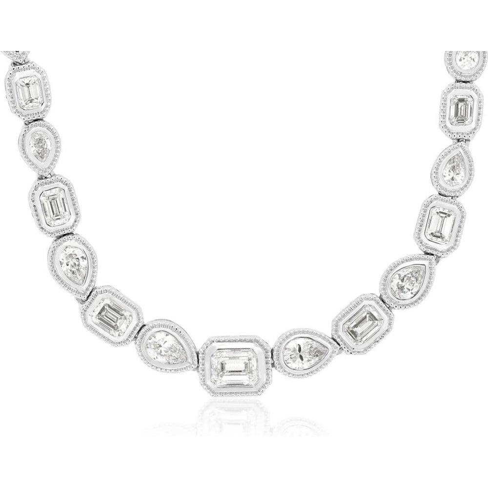 14K White Gold Alternating Pear and Emerald Cut Diamond Necklace with Milgrain Details - 2.50 Carat Total Diamond Weight - Royal Jewelry