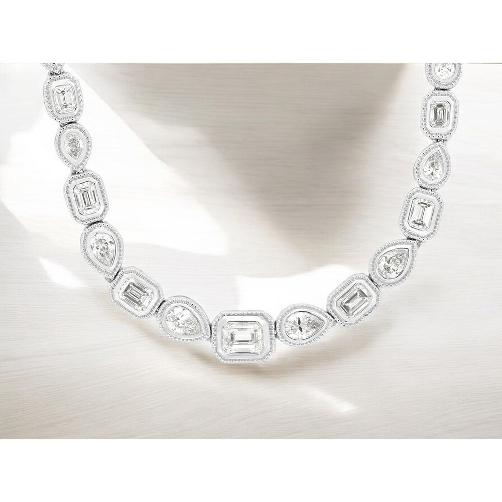14K White Gold Alternating Pear and Emerald Cut Diamond Necklace with Milgrain Details - 2.50 Carat Total Diamond Weight - Royal Jewelry
