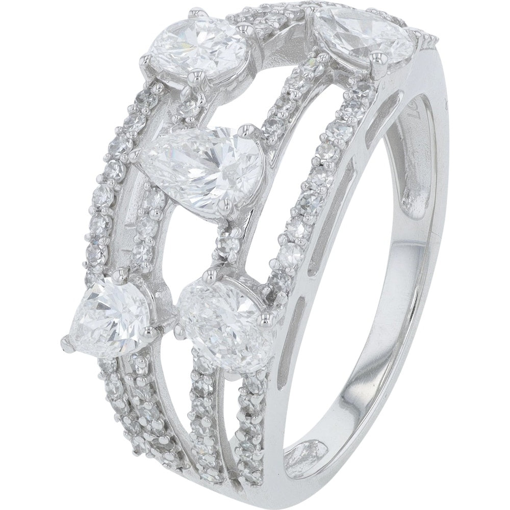 14K White Gold Alternating Pear Shaped Lab Grown Diamond Ring with Milgrain Detail and Split Shank - 1.50 Carat Total Diamond Weight