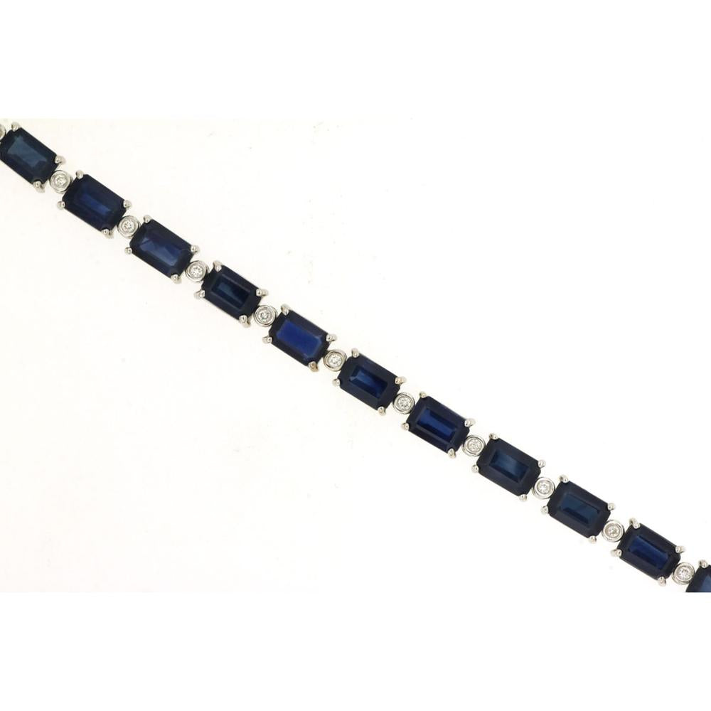 14K White Gold Alternating Rectangular Sapphire and Diamond Station Bracelet - 14.65 Carat Total Gem Weight - Royal Jewelry