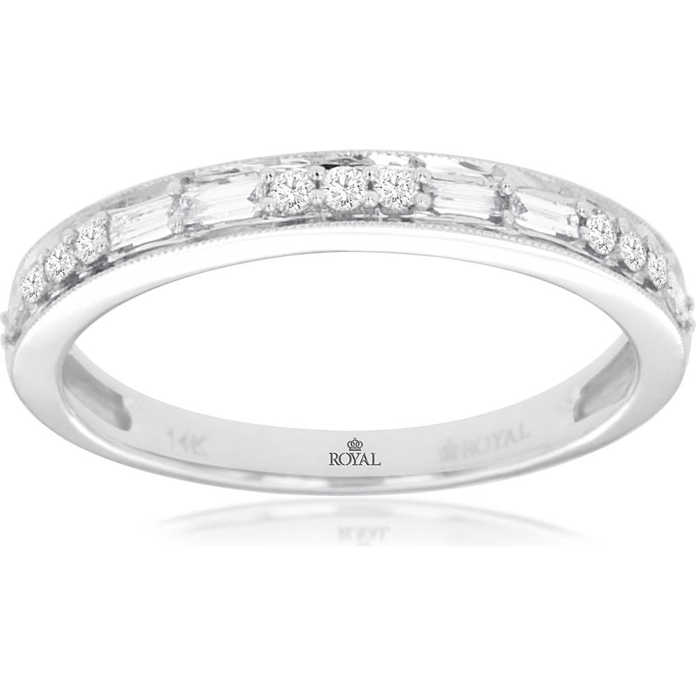 14K White Gold Alternating Round and Baguette Diamond Band with Milgrain Edge - 0.20 Carat Total Diamond Weight - Royal Jewelry
