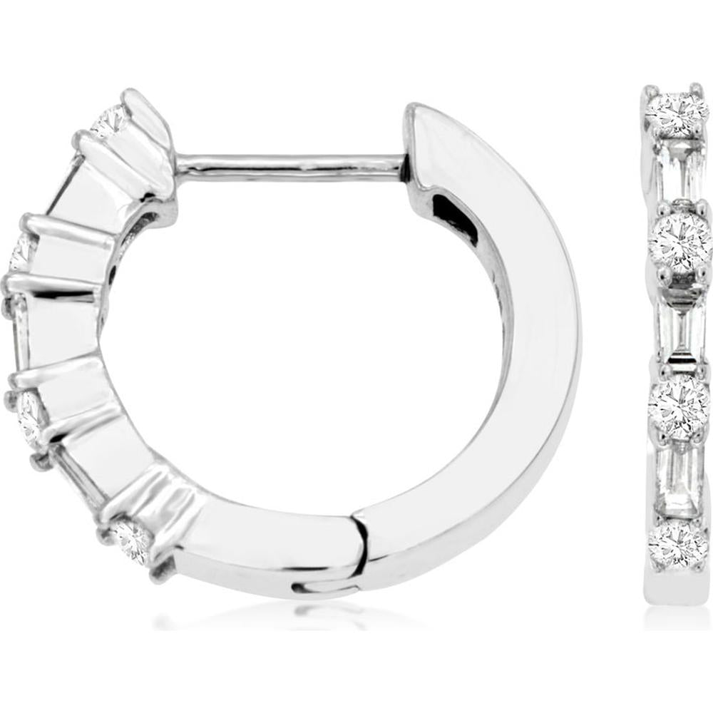 14K White Gold Alternating Round and Baguette Diamond Huggie Hoop Earrings - 0.38 Carat Total Diamond Weight - Royal Jewelry